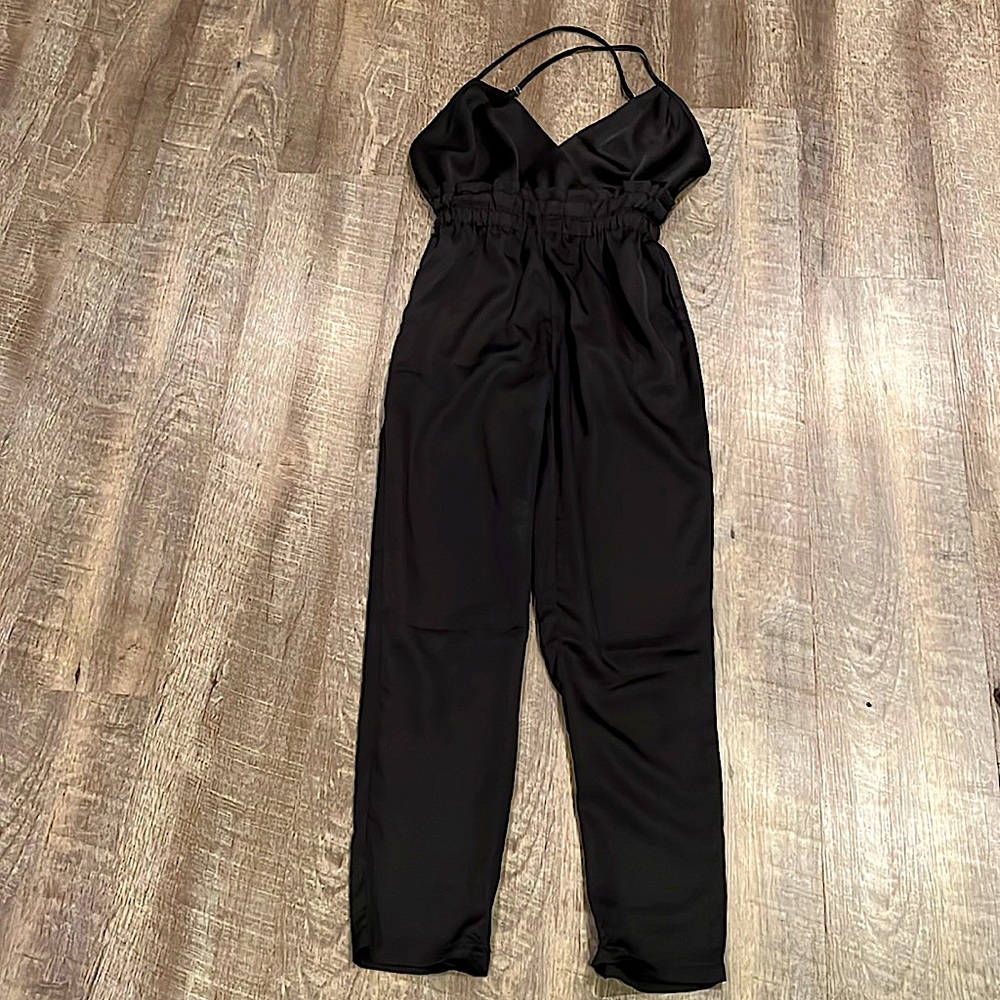 Small Black Silk Romper / Jumpsuit - cinched waste
